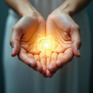 Close-up of hands gently holding a glowing orb of light symbolizing energy or healing.
