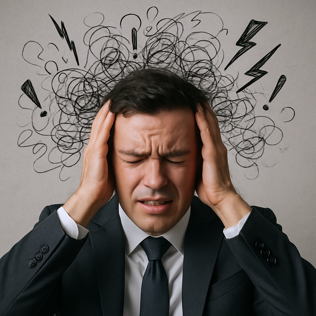 Stressed businessman in a suit holding his head with scribbles, exclamation marks, and lightning bolts drawn around his head symbolizing mental pressure.