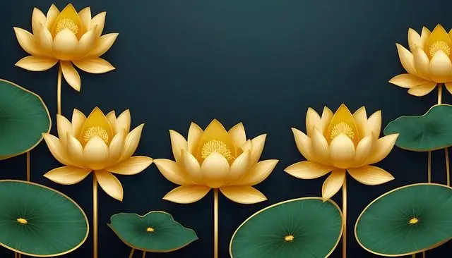 Digital illustration of golden-yellow lotus flowers with green lily pads against a dark teal background.