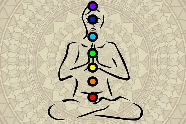 Illustration of a meditating figure with seven chakras aligned along the spine, each represented by a different colored circle.