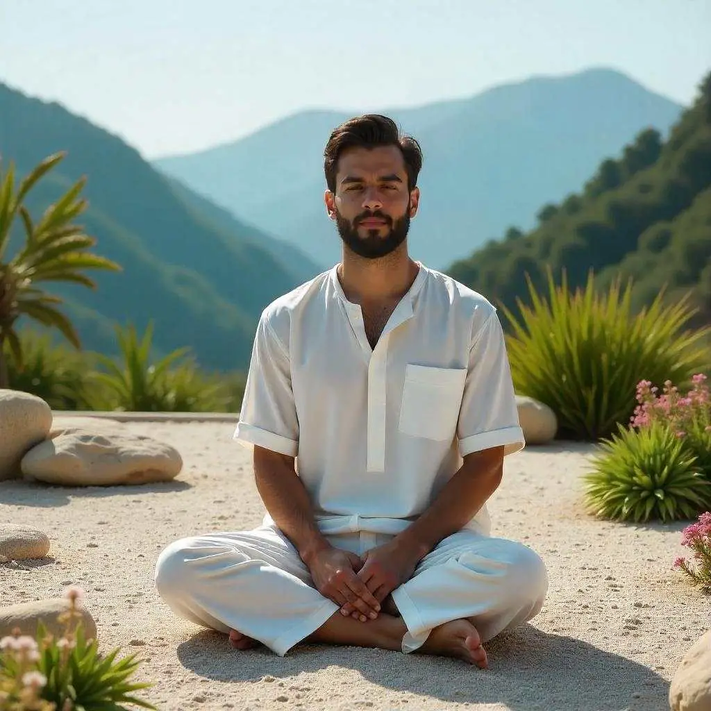 A man in a white cotton outfit meditating outdoors, surrounded by mountains and greenery.