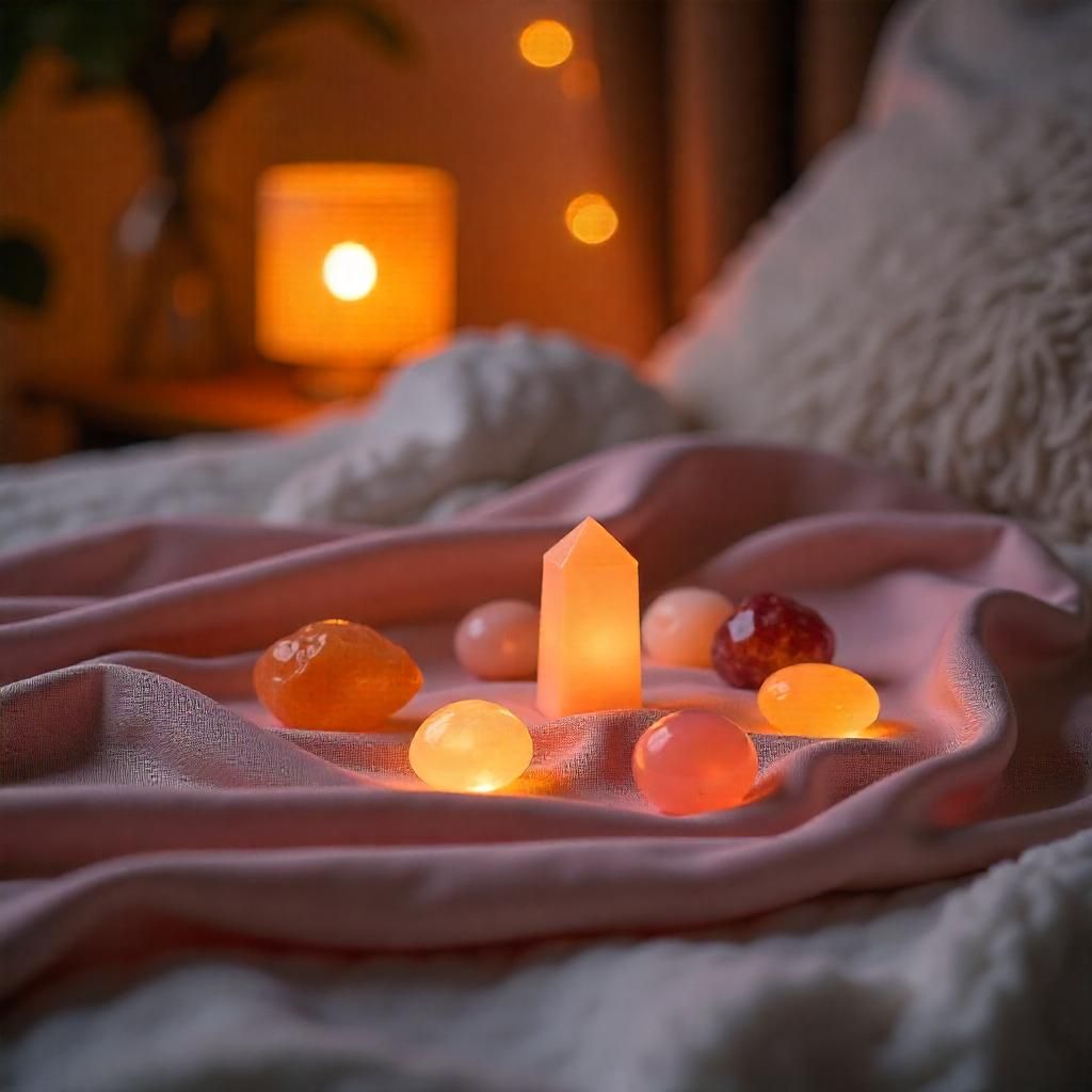 A glowing orange crystal tower surrounded by polished healing stones on soft fabric in a cozy, candlelit room.