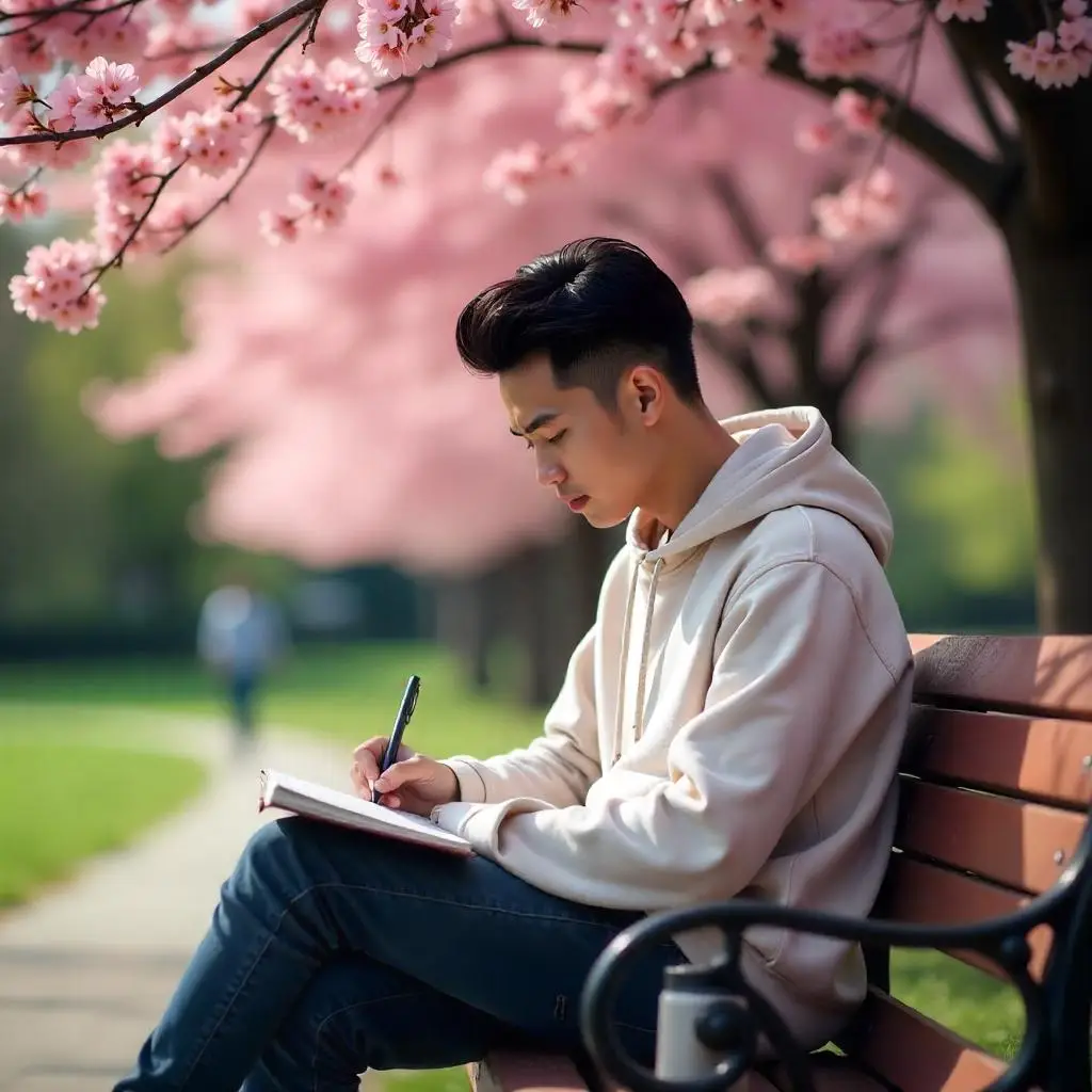 Young Asian man journaling on a park bench under blooming cherry blossoms.