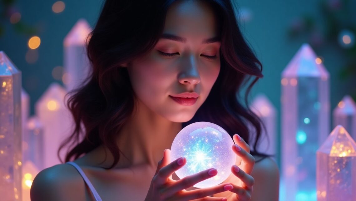 A serene woman holding a glowing crystal ball, surrounded by illuminated crystals in a mystical setting.