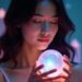 A serene woman holding a glowing crystal ball, surrounded by illuminated crystals in a mystical setting.
