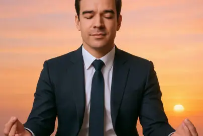 A man in a business suit meditating in a lotus position at sunset, eyes closed, with a calm expression.