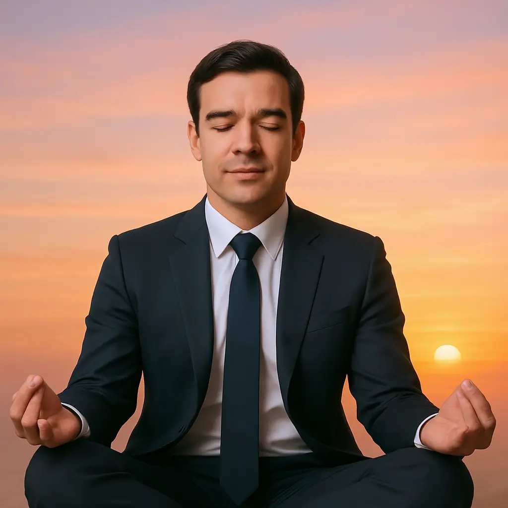 A man in a business suit meditating in a lotus position at sunset, eyes closed, with a calm expression.