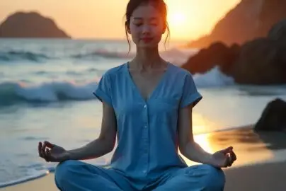 Young woman meditating in lotus position on a beach at sunrise.