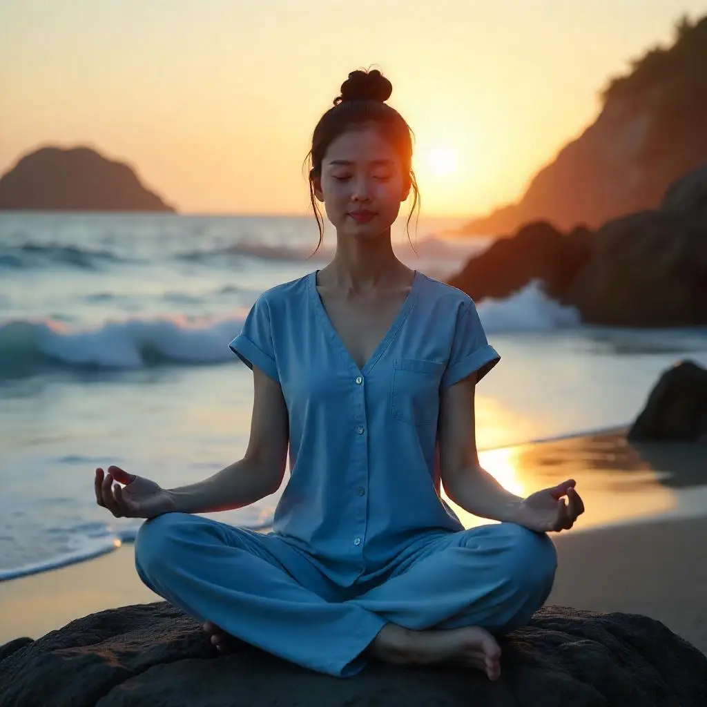 Young woman meditating in lotus position on a beach at sunrise.