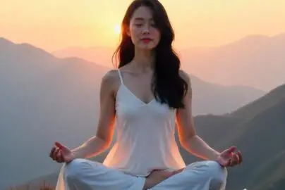 A serene woman meditating in lotus pose on a mountaintop at sunrise, dressed in white.