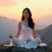 A serene woman meditating in lotus pose on a mountaintop at sunrise, dressed in white.