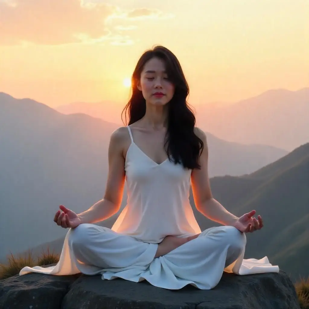 A serene woman meditating in lotus pose on a mountaintop at sunrise, dressed in white.