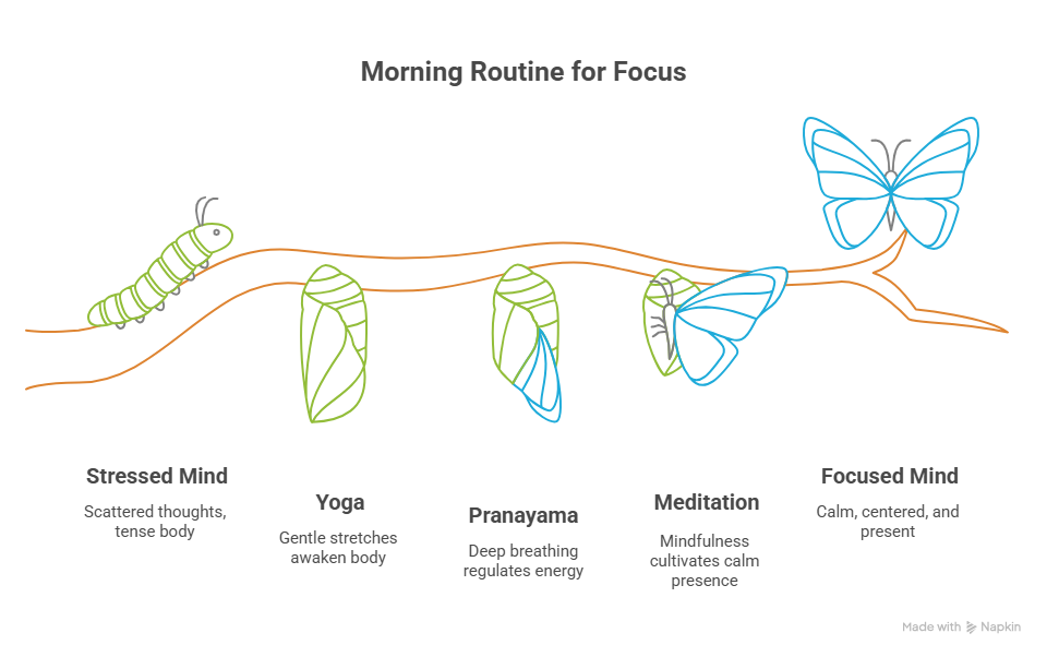 Illustration showing the transformation from a stressed mind to a focused mind through yoga, pranayama, and meditation, depicted with the metamorphosis of a caterpillar into a butterfly.