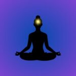 An illustration of the Ajna chakra showing a glowing indigo light at the forehead, symbolizing balanced inner vision, intuition, and spiritual awareness.