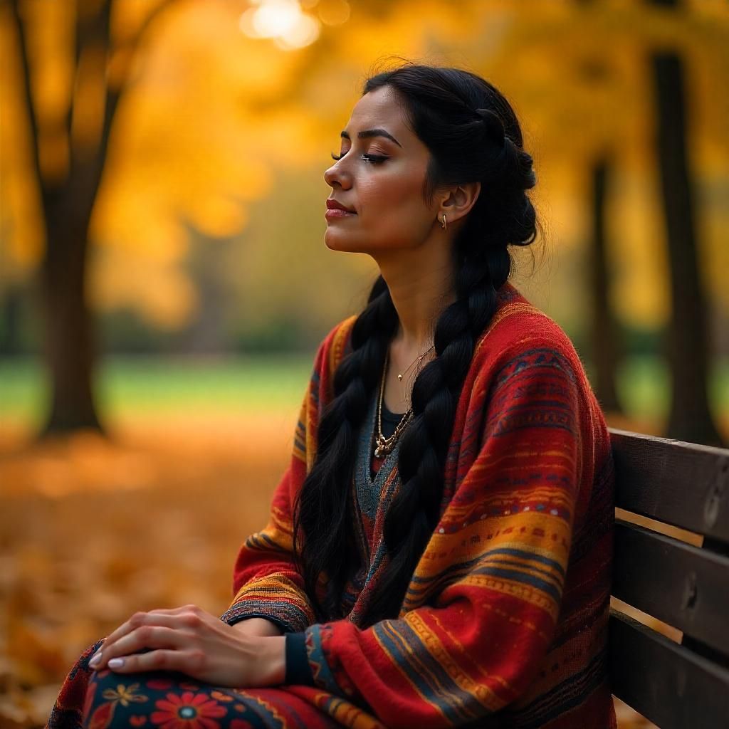 Woman in a colorful shawl meditating on a park bench during autumn.