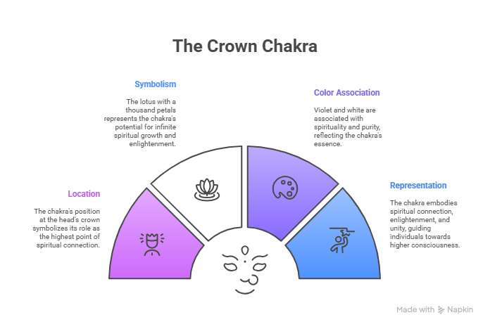 Infographic explaining the Crown Chakra, including its location, symbolism, color association, and representation.