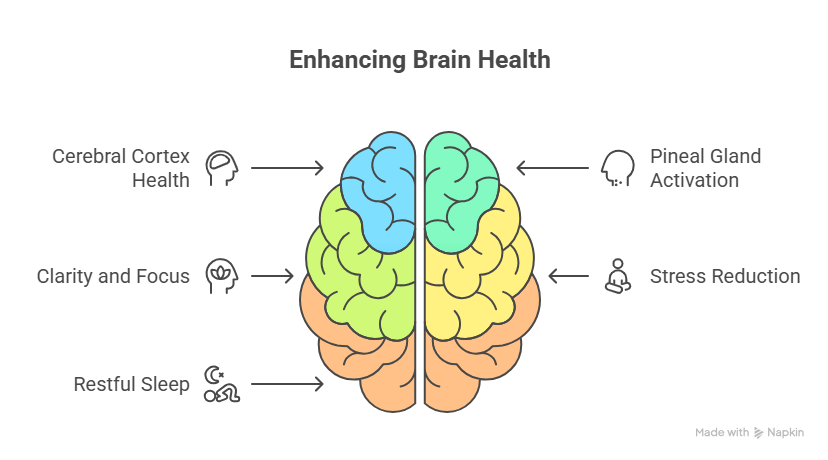 Infographic showing a colorful brain illustration with labeled benefits of enhancing brain health, including cerebral cortex health, clarity, restful sleep, stress reduction, and pineal gland activation.