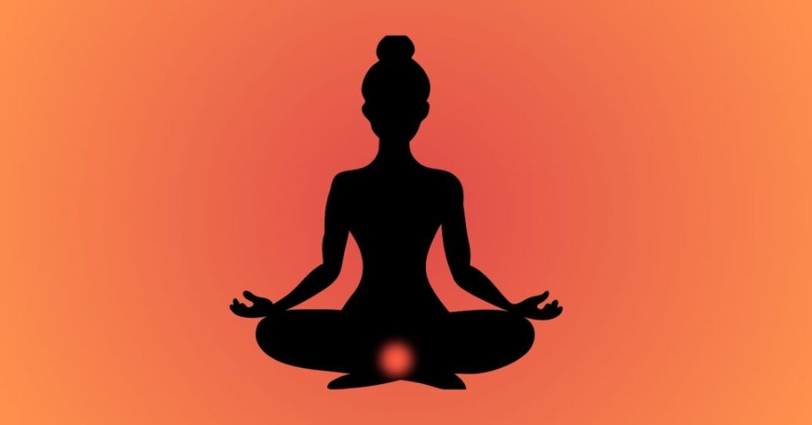 Silhouette of a woman meditating in lotus pose with a glowing red light at the base of the spine, symbolizing the Root Chakra.