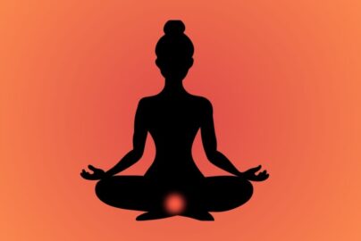 Silhouette of a woman meditating in lotus pose with a glowing red light at the base of the spine, symbolizing the Root Chakra.