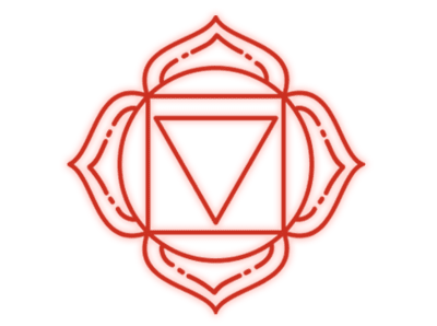 Traditional red symbol of the Muladhara or Root Chakra with a downward-facing triangle inside a square and four petals.