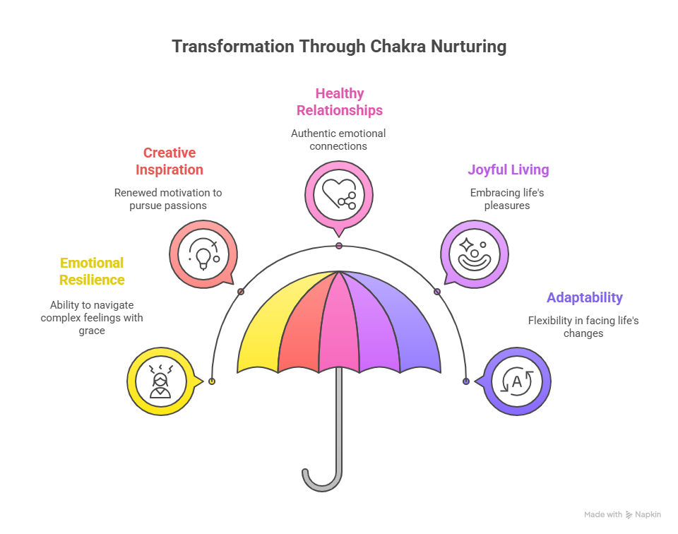 Infographic showing an umbrella labeled “Transformation Through Chakra Nurturing” with six benefits including emotional resilience, creative inspiration, healthy relationships, joyful living, and adaptability.