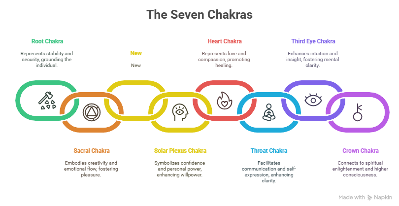 Alt Text: Infographic illustrating the seven primary chakras with symbols, colors, and meanings including Root, Sacral, Solar Plexus, Heart, Throat, Third Eye, and Crown Chakras.