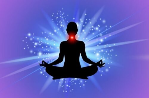 Silhouette of a person meditating in lotus position with a glowing throat chakra and radiant blue-purple energy background.
