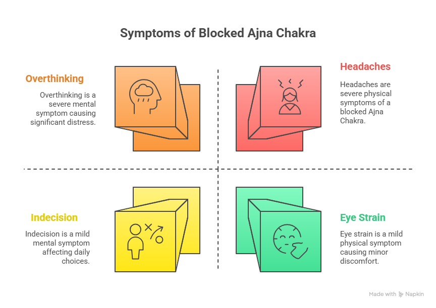 Infographic showing four benefits of a balanced Ajna chakra: emotional balance, heightened intuition, inner wisdom, and clear visualization, each with an icon and brief description