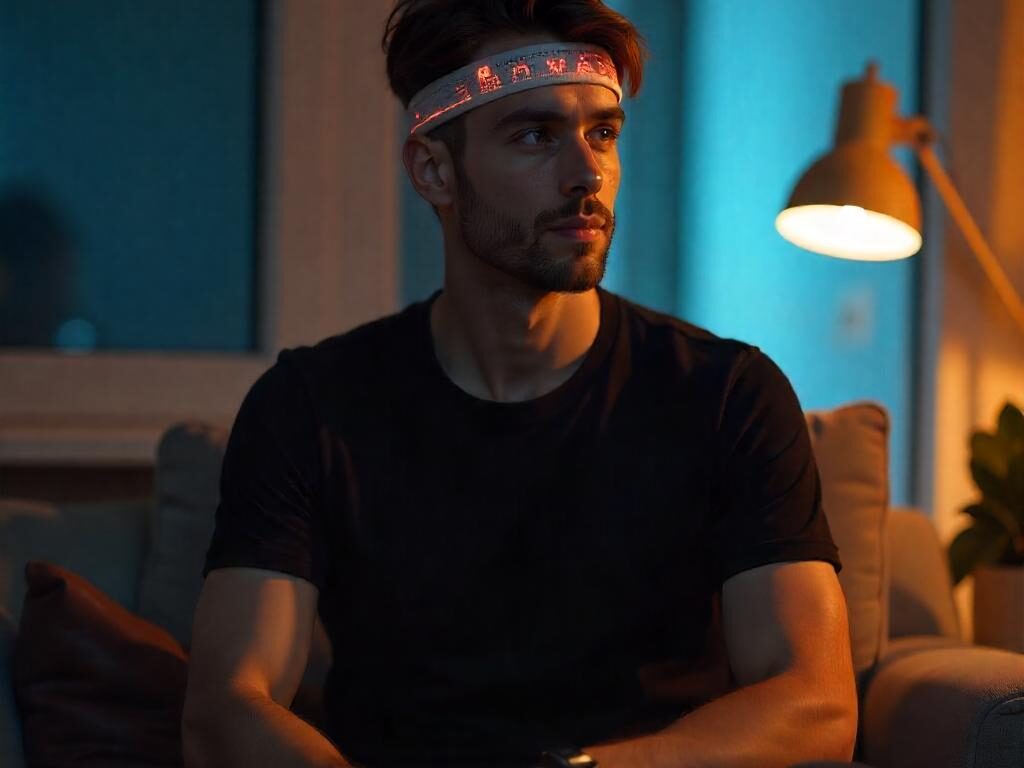 A young man wearing a black t-shirt and a headband with sensors sits on a sofa in a softly lit modern living room.
