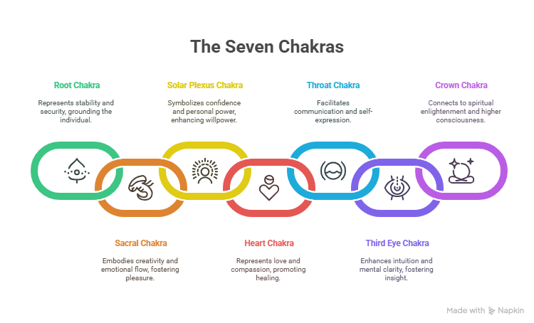 Visual chart of the seven chakras with names, symbols, colors, and their emotional or spiritual meanings.