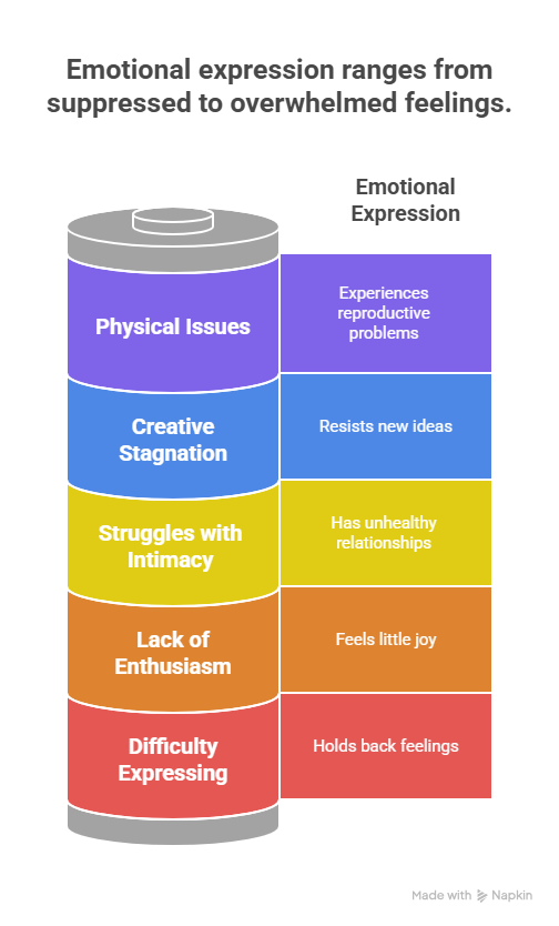Infographic of a battery-shaped chart showing five stages of suppressed emotional expression, from difficulty expressing to physical issues, with corresponding emotional symptoms.