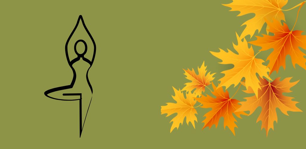 Minimalist outline of a person in a tree yoga pose beside vibrant autumn maple leaves on a green background.