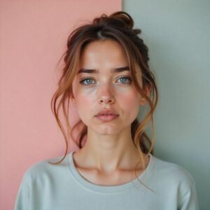 a lady in pastel t shirt and very anxious