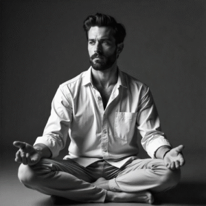 Man in a white shirt sitting cross-legged in meditation pose, looking away thoughtfully.