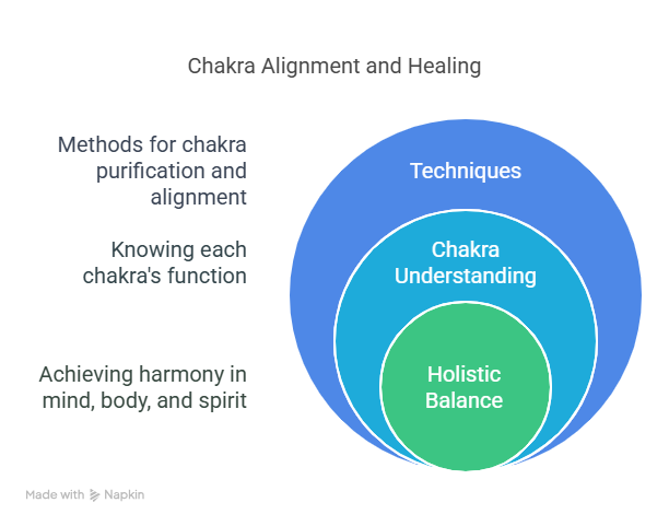 Infographic showing the relationship between chakra techniques, understanding, and holistic balance for chakra alignment and healing.