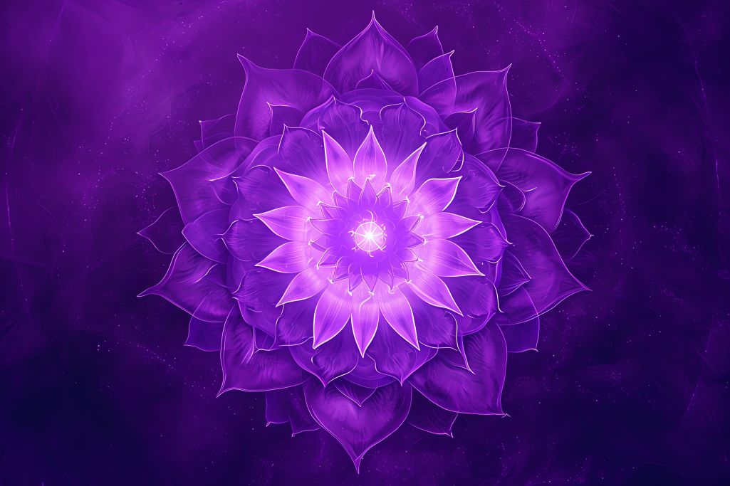 Vibrant purple mandala representing the Ajna chakra, featuring layered lotus petals and a radiant center symbolizing spiritual awakening and intuition.
