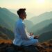 Man meditating in a seated posture on a mountain during sunrise, wearing white traditional clothing.