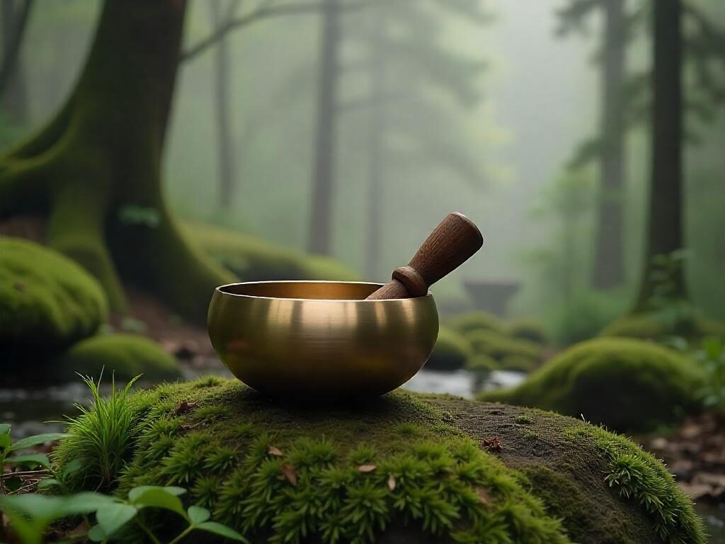 A brass singing bowl with wooden mallet resting on a moss-covered rock in a tranquil forest.