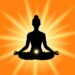 Silhouette of a person meditating in lotus position with a glowing yellow light at the navel, radiating energy on a bright orange background.