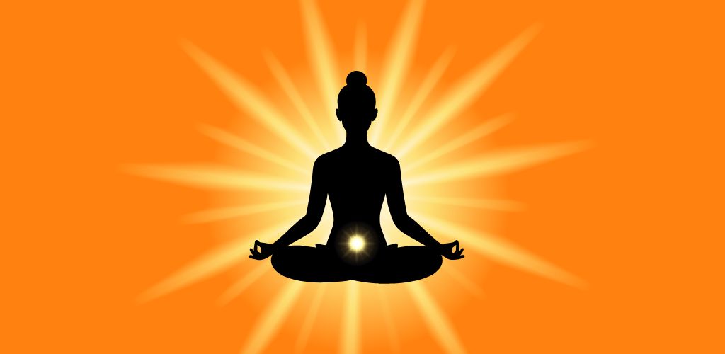Silhouette of a person meditating in lotus position with a glowing yellow light at the navel, radiating energy on a bright orange background.