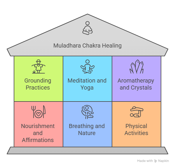 A house-shaped diagram showing six healing practices for balancing the Muladhara (Root) Chakra.