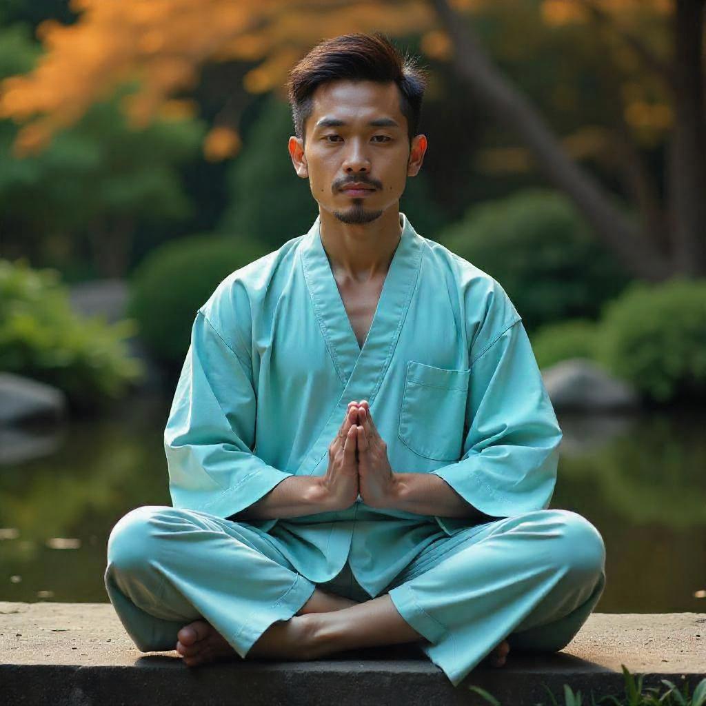 A man in light blue traditional attire sits cross-legged in a meditative pose with palms together, in a serene garden setting with a pond and greenery in the background.