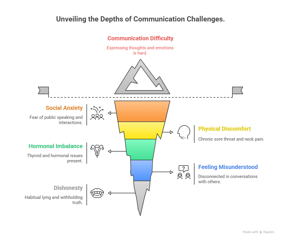Infographic showing communication difficulties and root causes linked to a blocked Throat Chakra, including social anxiety, dishonesty, hormonal imbalance, and physical discomfort.