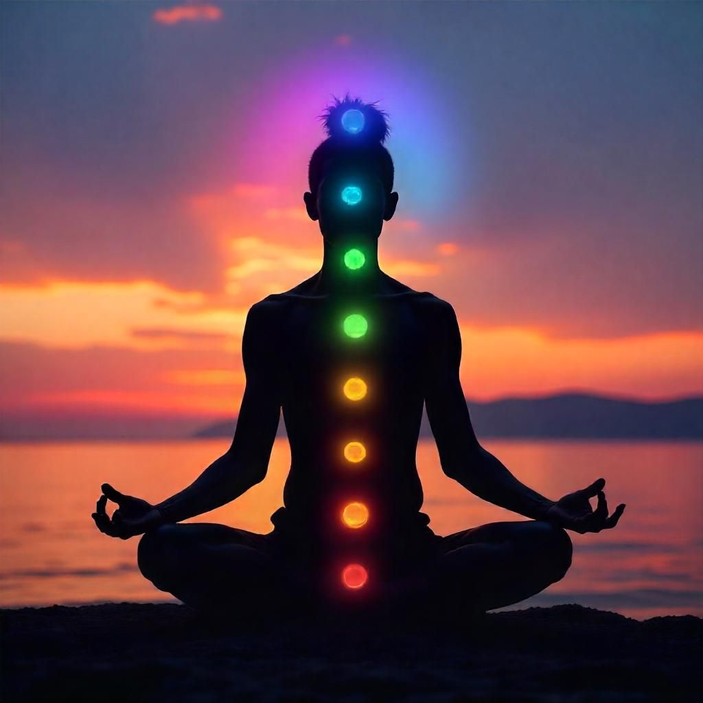 Silhouette of a person meditating in lotus pose with seven glowing chakras aligned along the spine, set against a serene sunset by the water.