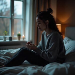 Young woman sitting on a bed in dim light, appearing anxious while holding a pill bottle.