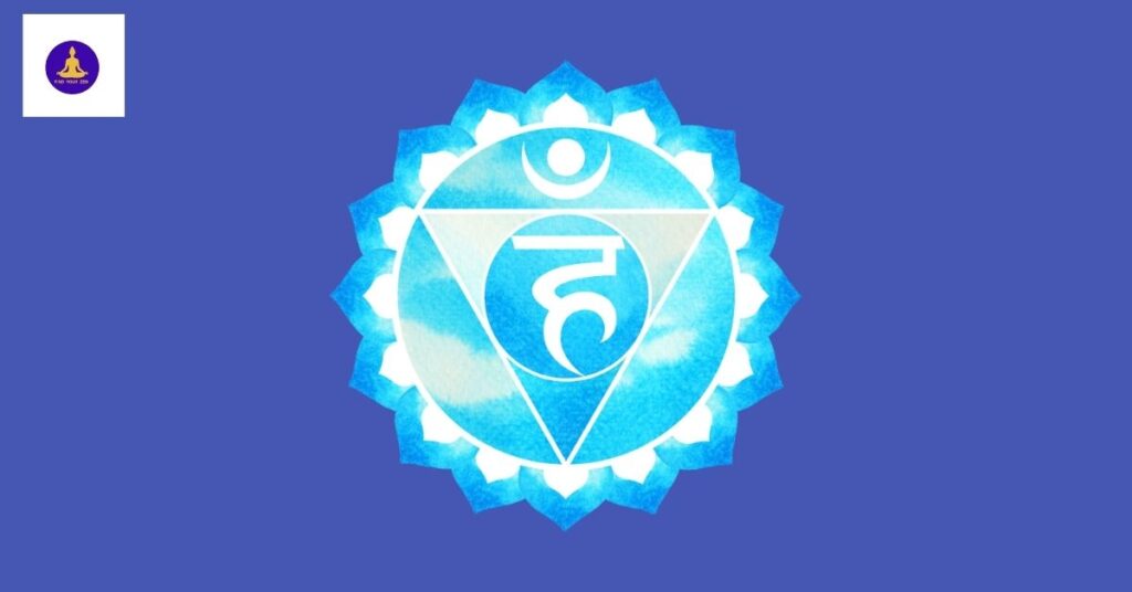 Artistic illustration of the Throat Chakra (Vishuddha) symbol in blue with white lotus petals on a deep blue background.