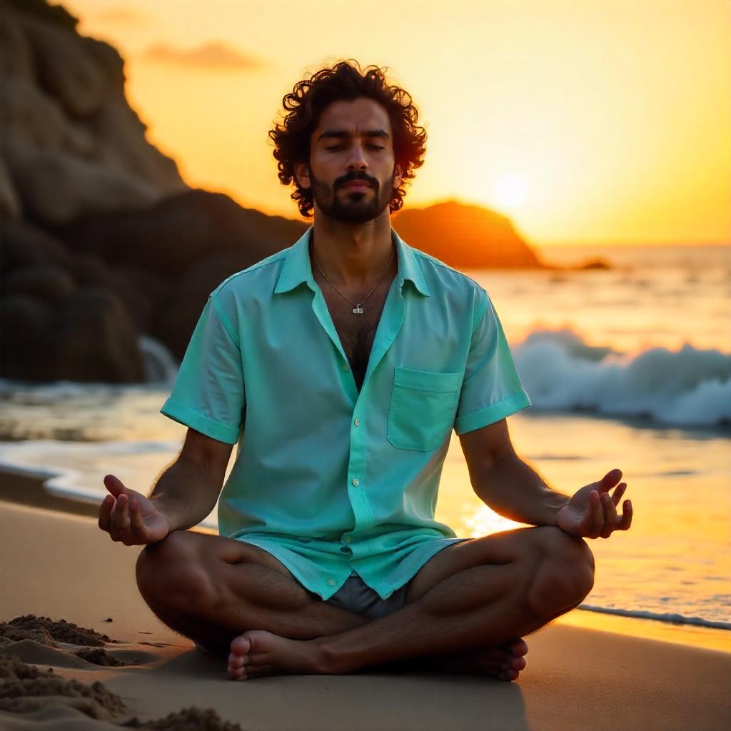 Man in vipassana, cross-legged on a beach at sunset, wearing a turquoise short-sleeve shirt and gray shorts, with waves and rocky cliffs in the background.