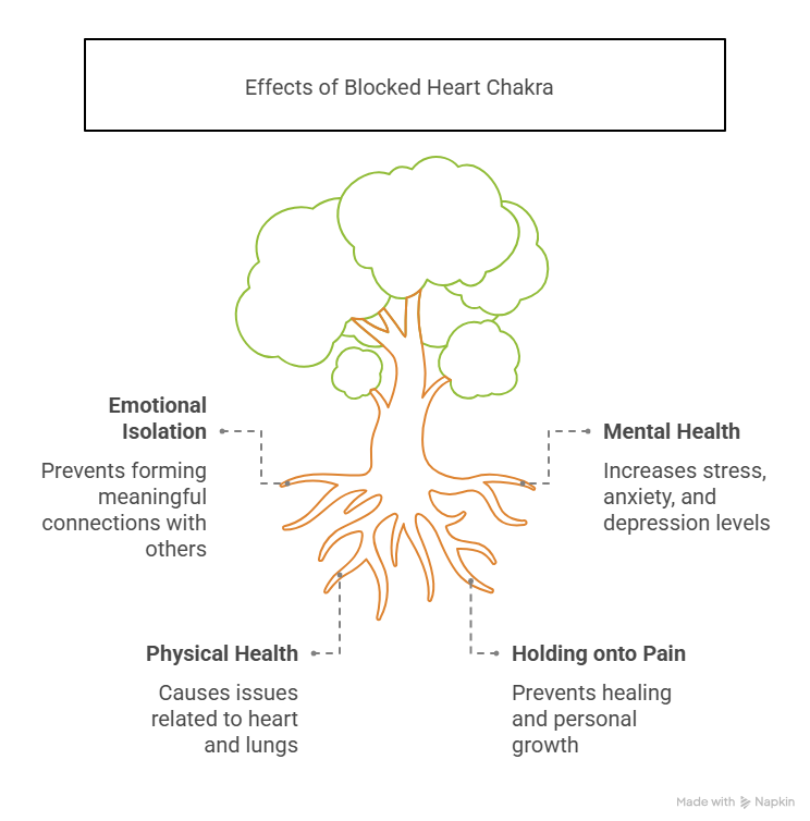 Diagram of a tree representing the effects of a blocked heart chakra, highlighting emotional, mental, and physical consequences.