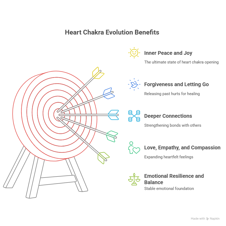 Infographic showing benefits of heart chakra evolution using a target and arrows.