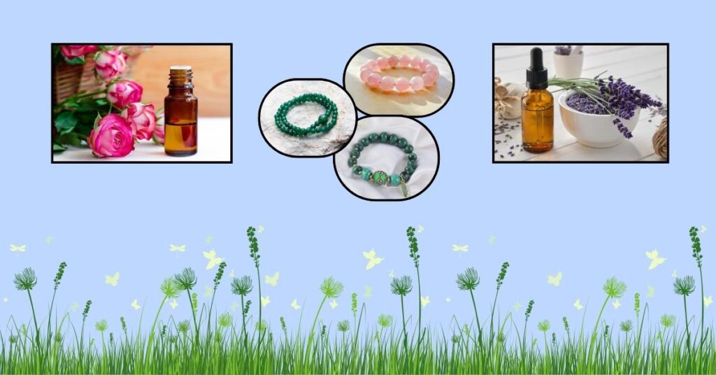 Heart chakra healing tools including rose oil, crystal bracelets, and lavender oil.